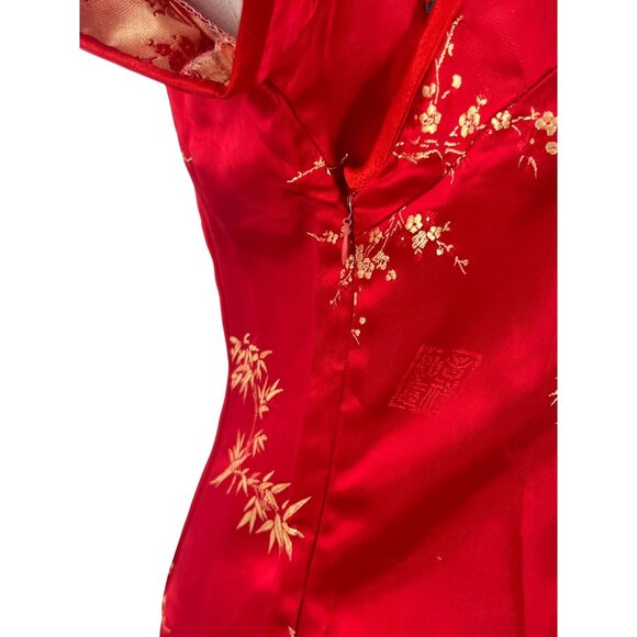 Vintage Y2K 90s DiYuange Red Satin Gold Floral Embroidered Cheongsam Qipao Dress - Picture 10 of 16